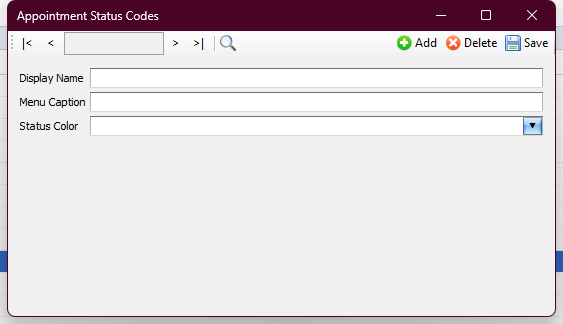 Phoenix Appointment Status Codes window showing display name, menu caption, status color, and record controls