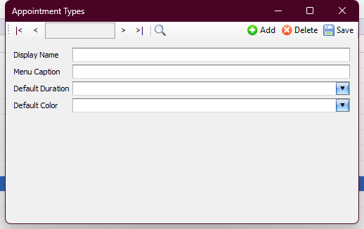 Phoenix Appointment Types window showing display name, menu caption, default duration, default color, and record controls