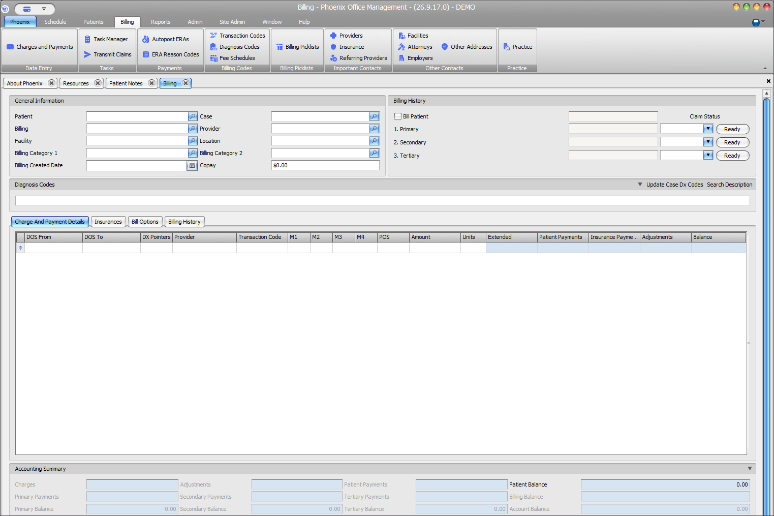 Phoenix Charges and Payments screen showing patient and case context, charge detail columns, balances, and accounting summary