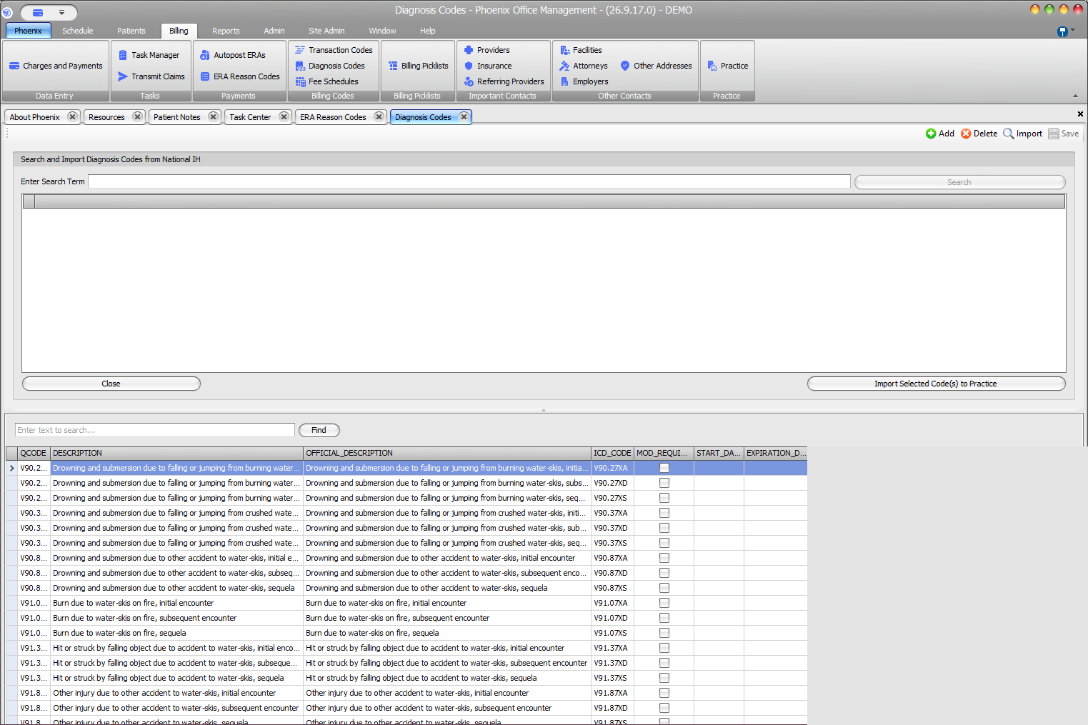 Phoenix Diagnosis Codes screen showing national search and import controls, practice search, and ICD code columns with audit details removed