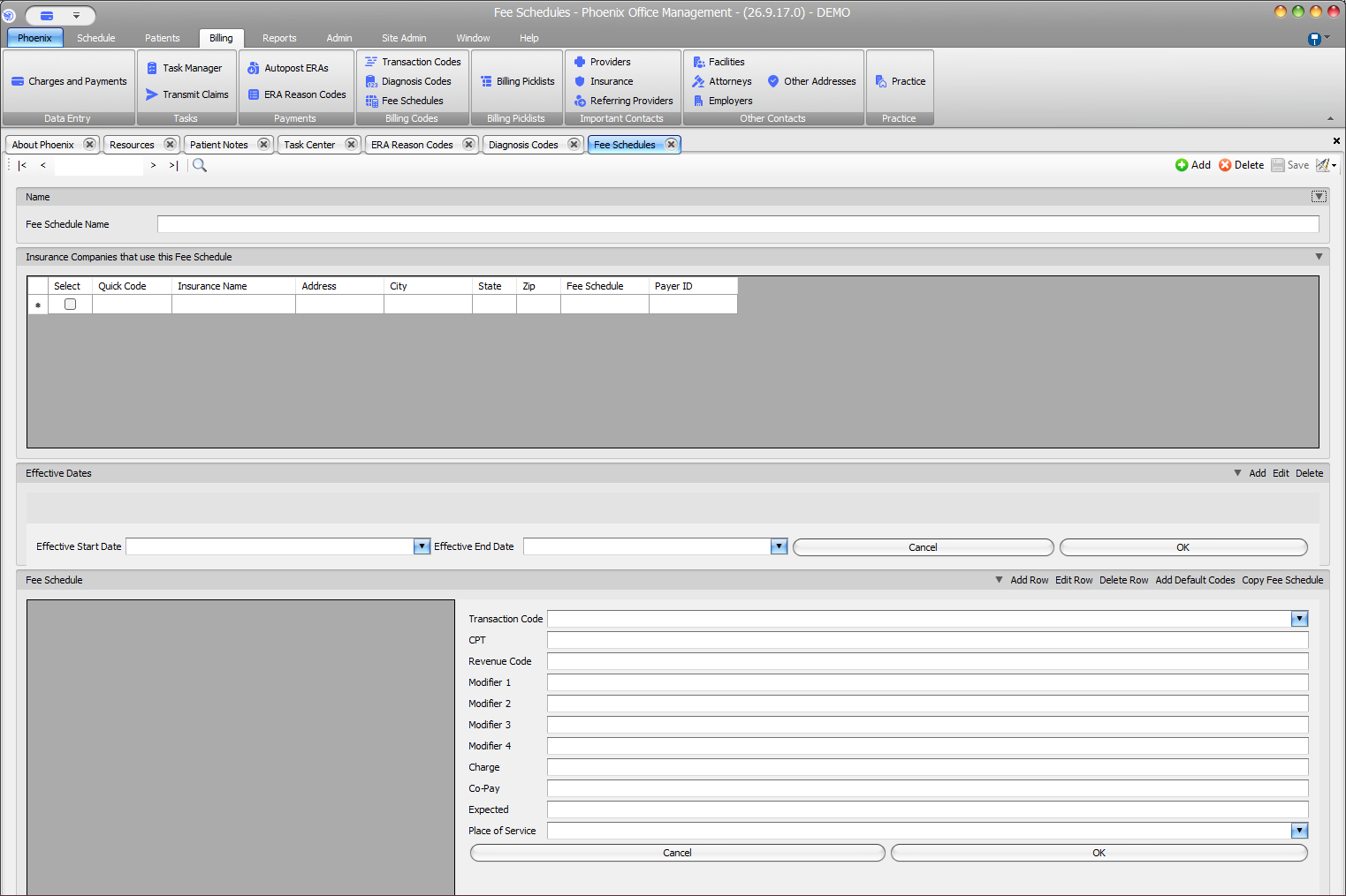 Phoenix Fee Schedules screen showing insurance associations, effective dates, transaction code, charge, co-pay, expected amount, and place of service