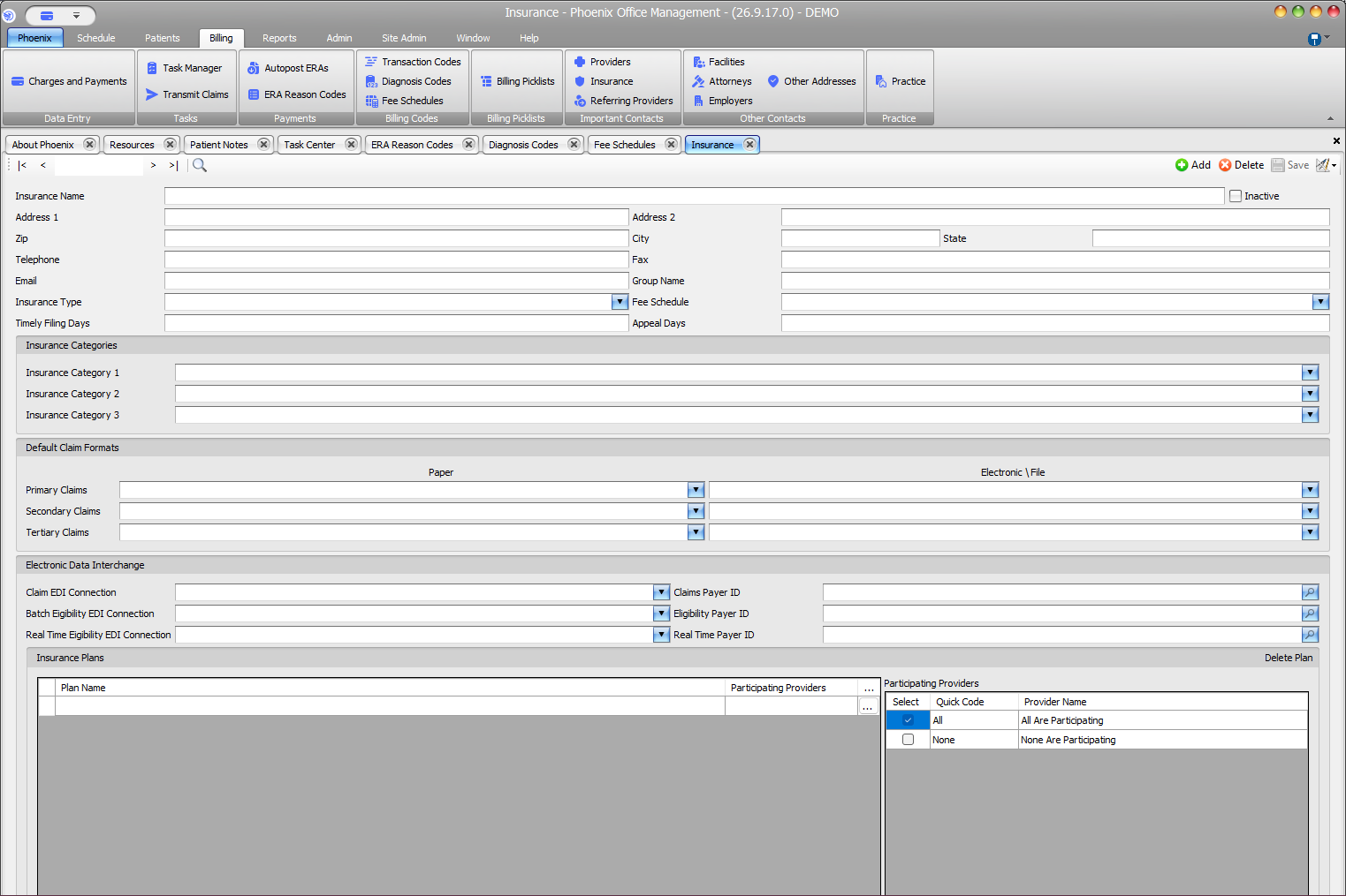 Phoenix Insurance screen showing company details, categories, claim formats, EDI connections, payer IDs, plans, and participating providers