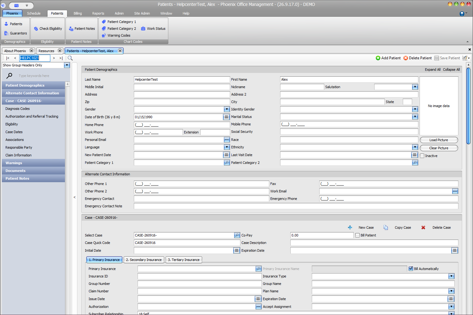 Phoenix Patients screen showing the patient lookup, demographic fields, inactive status, case selection, and insurance sections