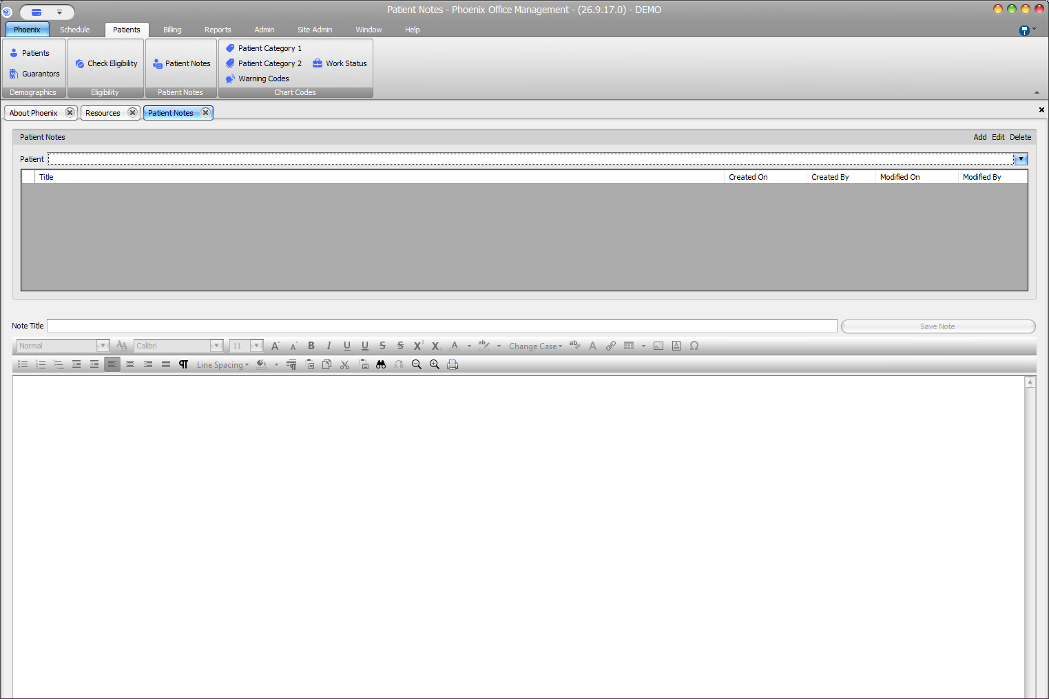 Phoenix Patient Notes screen showing the patient selector, note list, Add, Edit, Delete, Note Title, editor, and Save Note