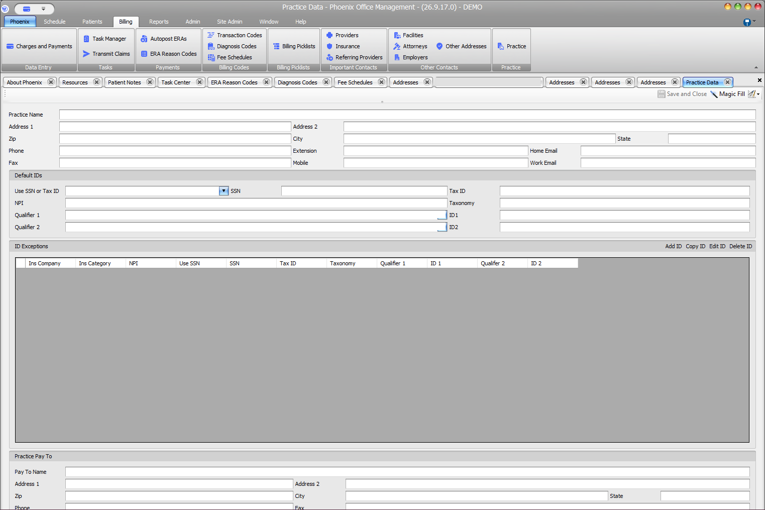 Sanitized Phoenix Practice Data screen showing contact fields, default identifiers, ID exceptions, pay-to information, and Save and Close