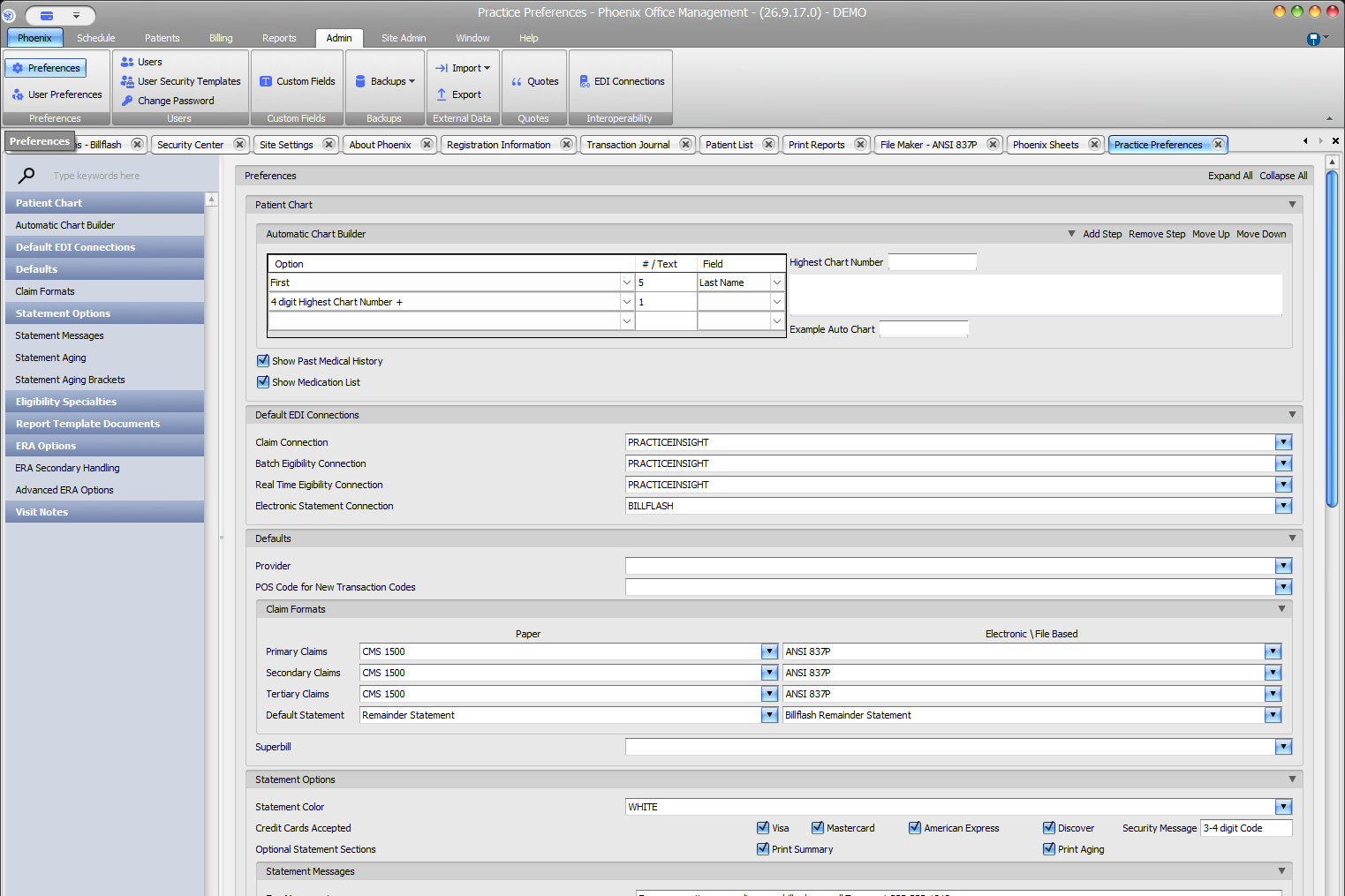 Sanitized Phoenix Practice Preferences screen showing preference categories, default EDI connections, claim formats, and statement options