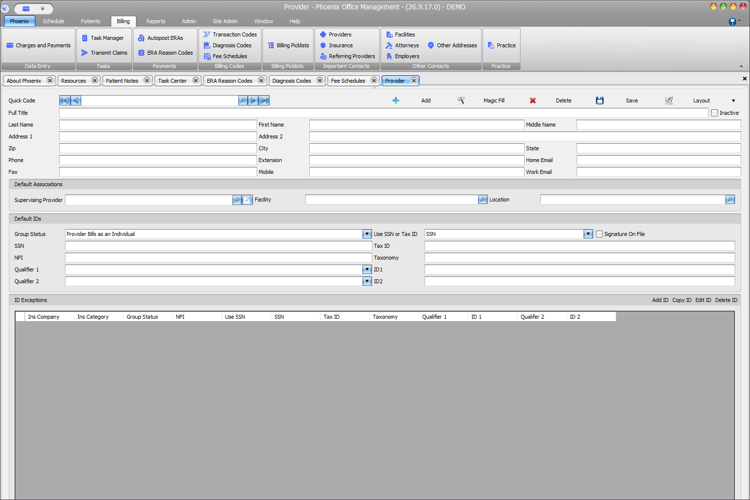 Phoenix Provider screen showing contact information, default associations, identifiers, inactive status, and ID exceptions