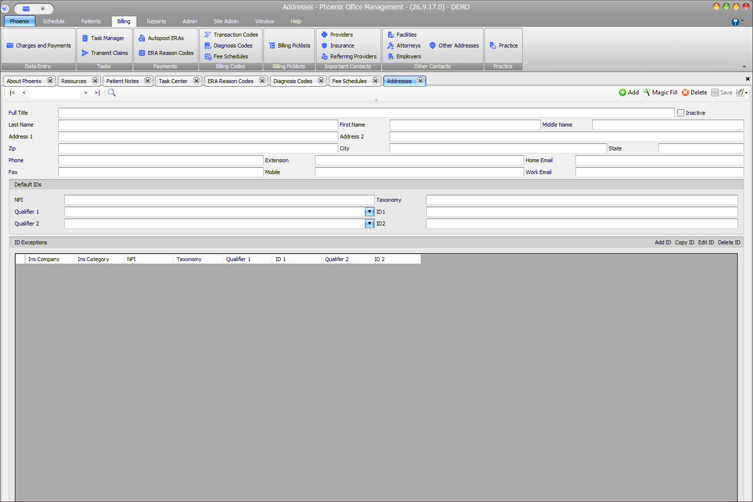 Phoenix Referring Provider Addresses screen showing name, contact information, default identifiers, inactive status, and ID exceptions