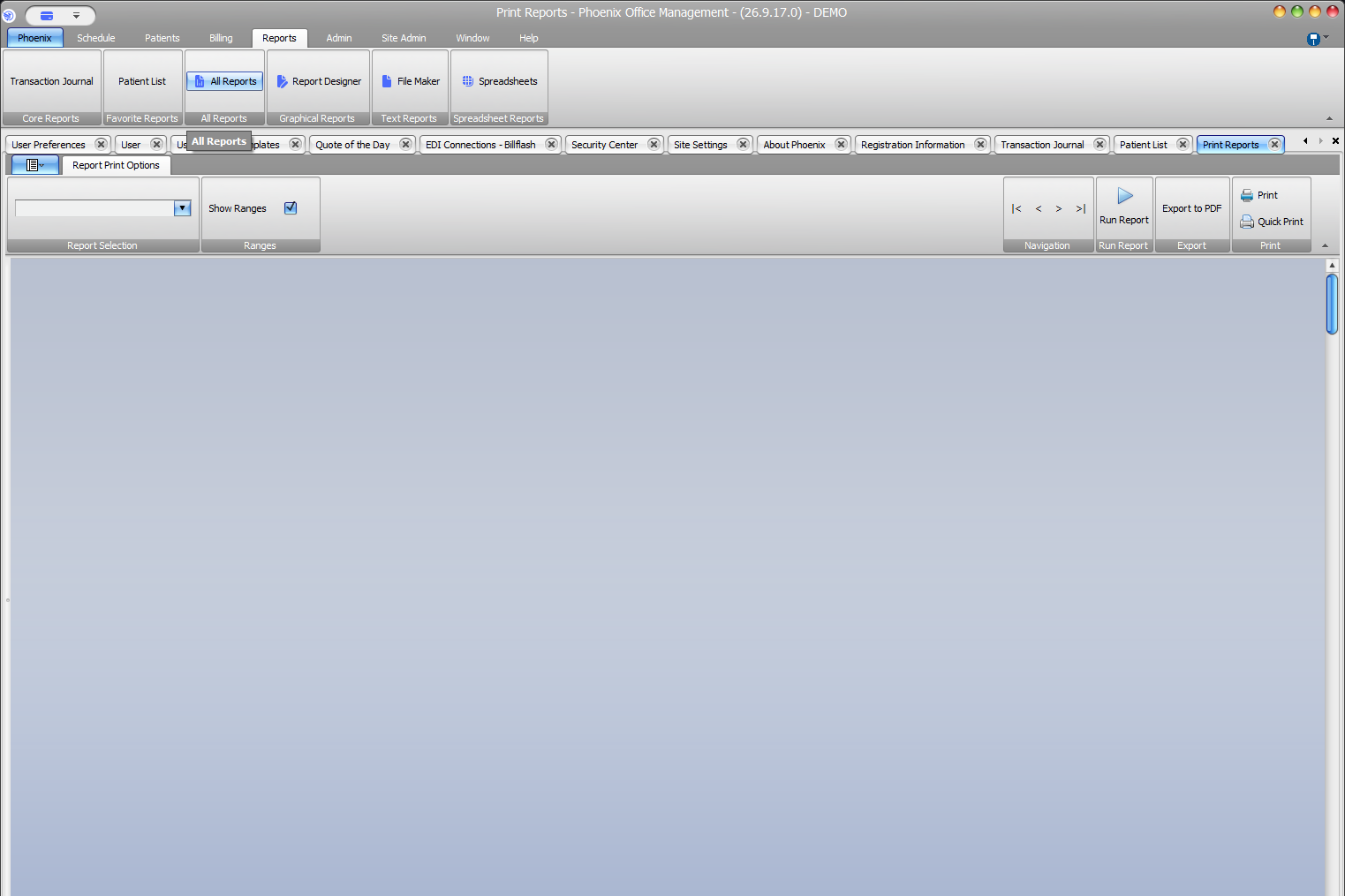 Phoenix Print Reports screen showing the Reports ribbon, Report Selection, Run Report, Export to PDF, Print, and related reporting tools