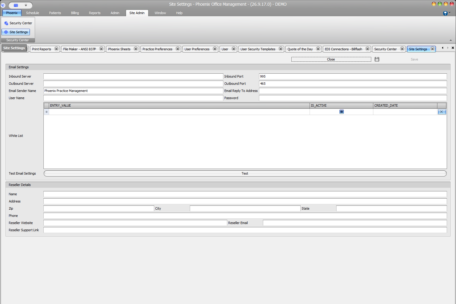 Phoenix Site Settings screen showing email settings, white list, test controls, reseller details, and Save