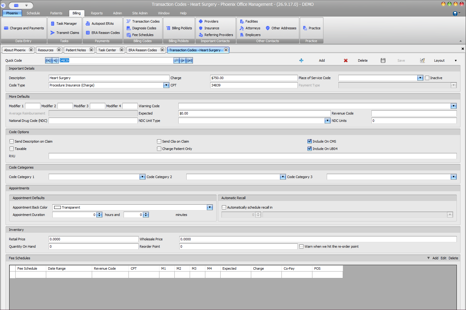 Phoenix Transaction Codes screen showing charge, expected amount, CPT, modifiers, place of service, code options, and fee schedules