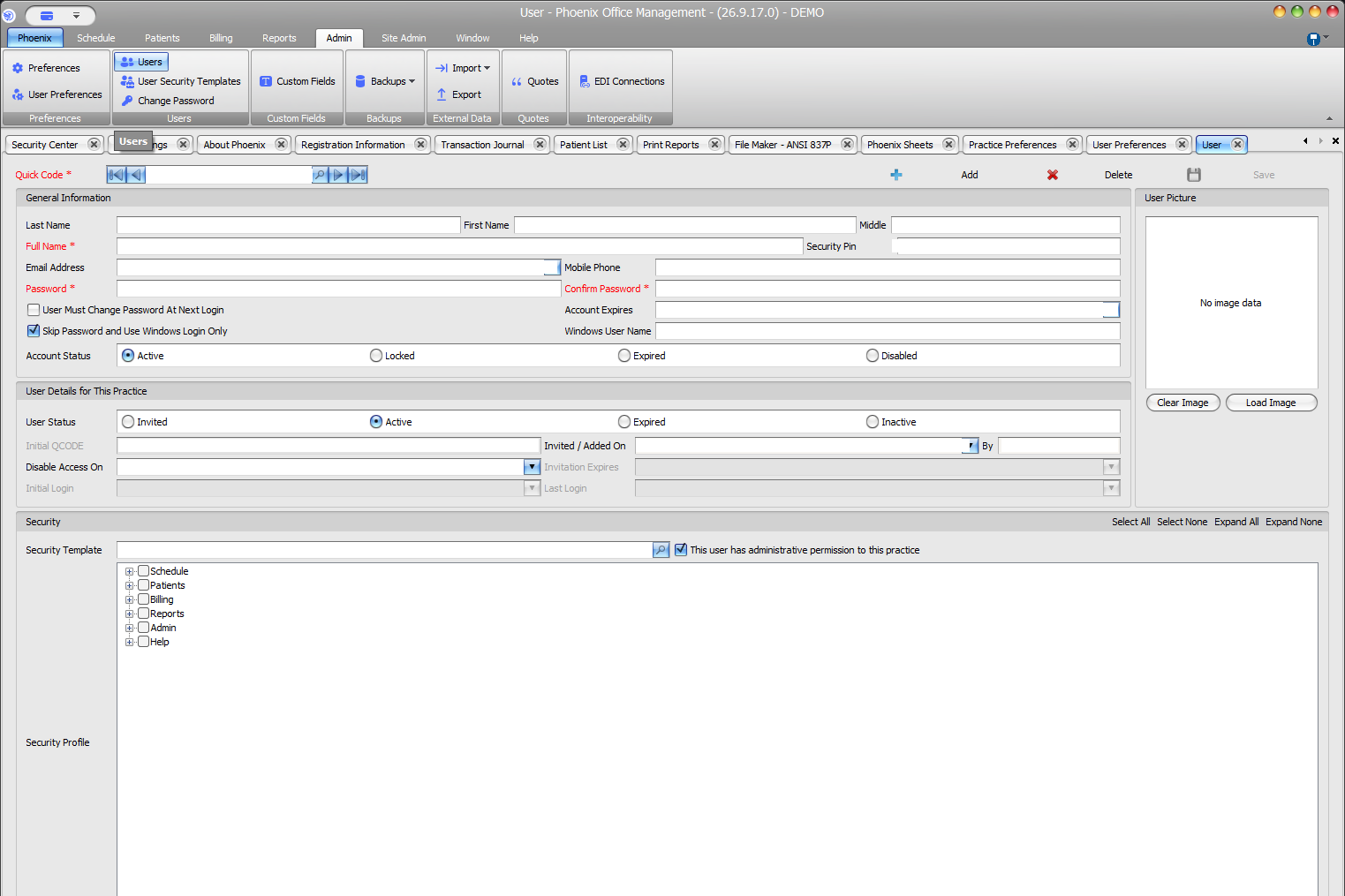 Sanitized Phoenix User screen showing required account fields, sign-in options, account and practice status, security template, and administrative permission