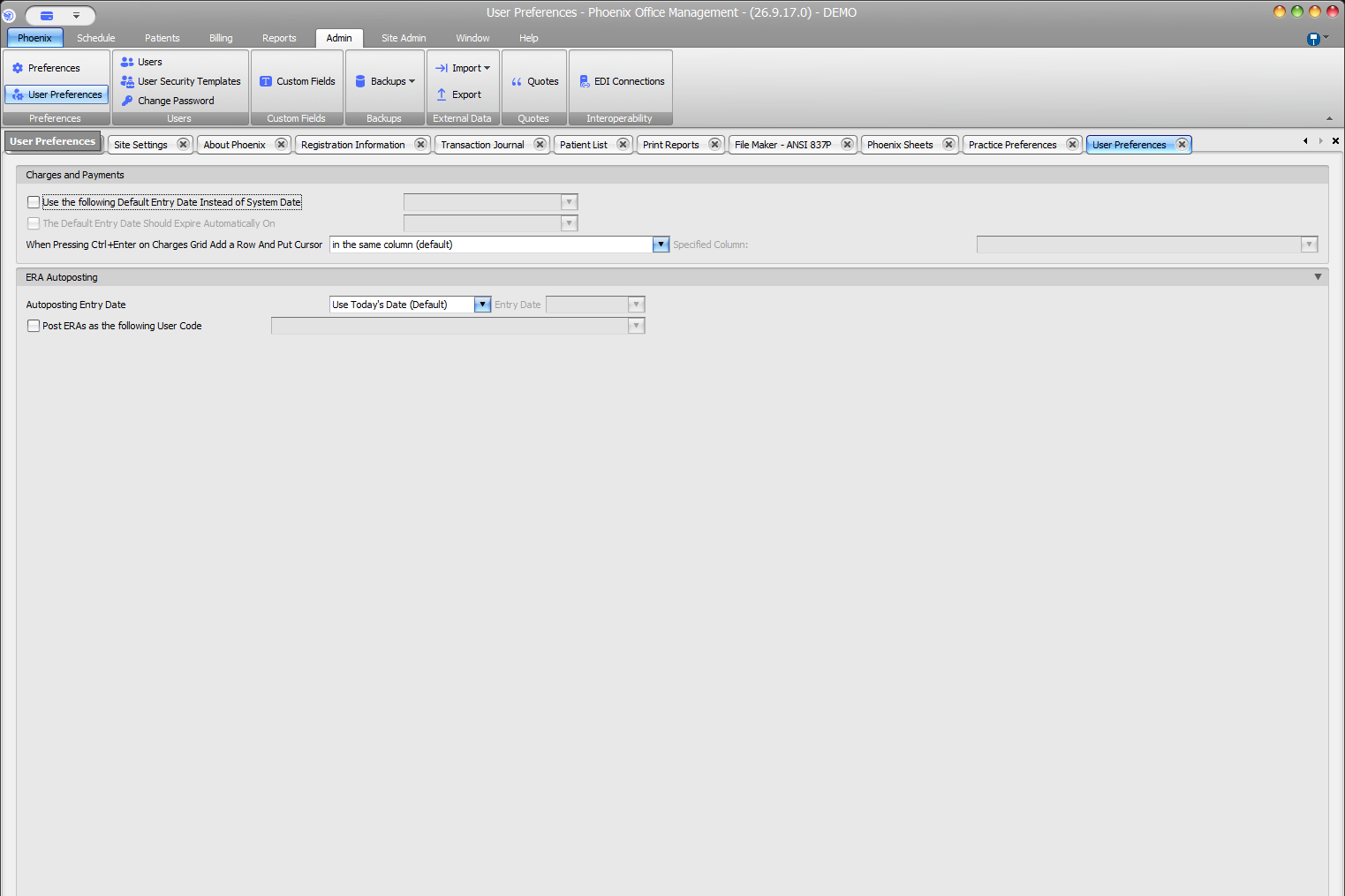 Phoenix User Preferences screen showing Charges and Payments and ERA Autoposting options