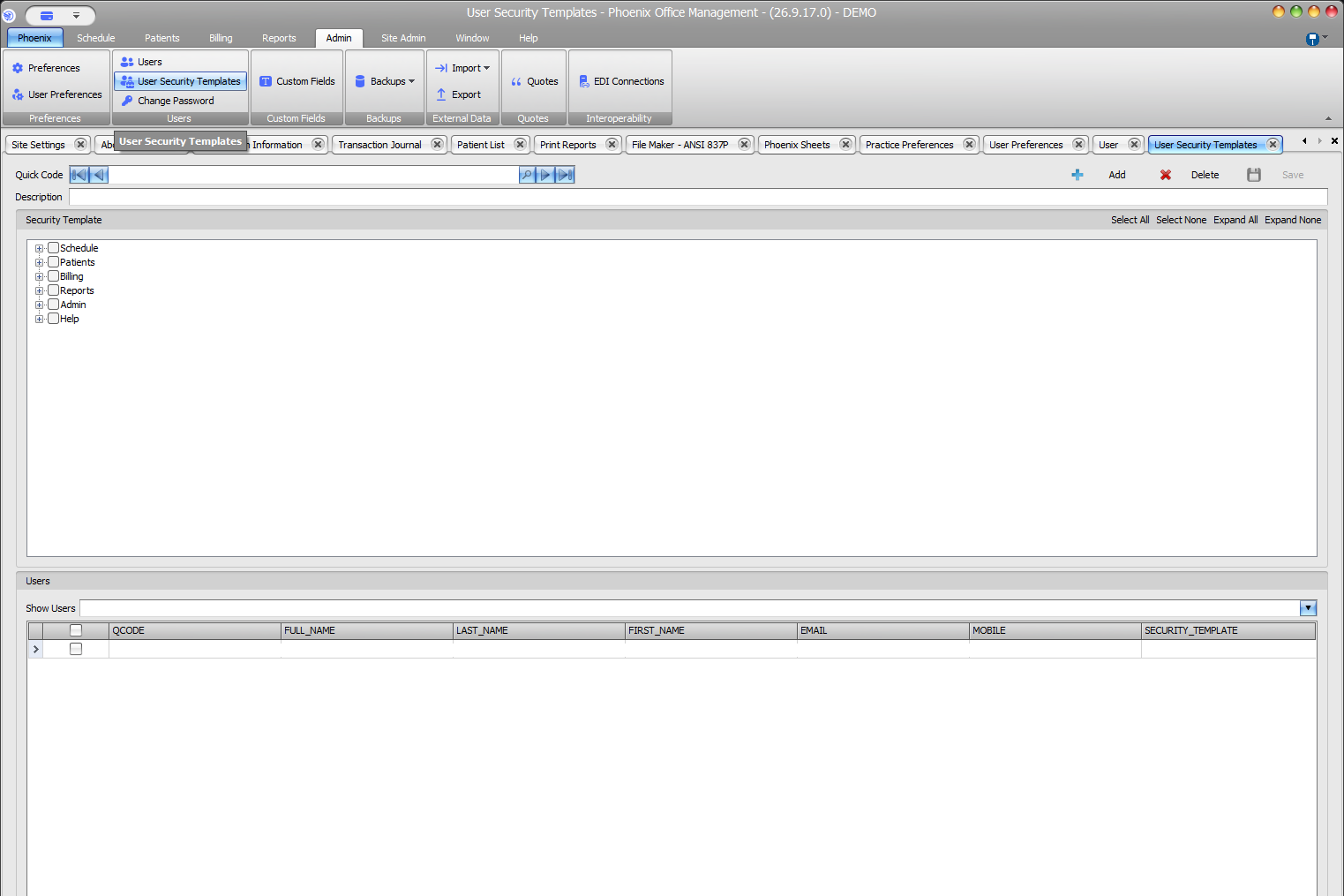 Sanitized Phoenix User Security Templates screen showing template identity, permission tree, bulk controls, and assigned users grid