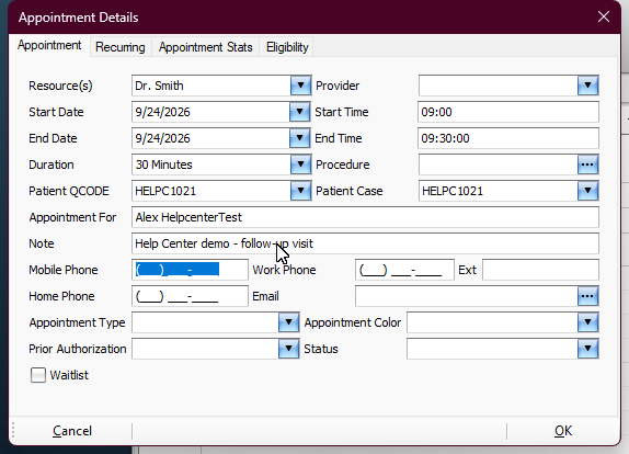 Editing an appointment note in Phoenix