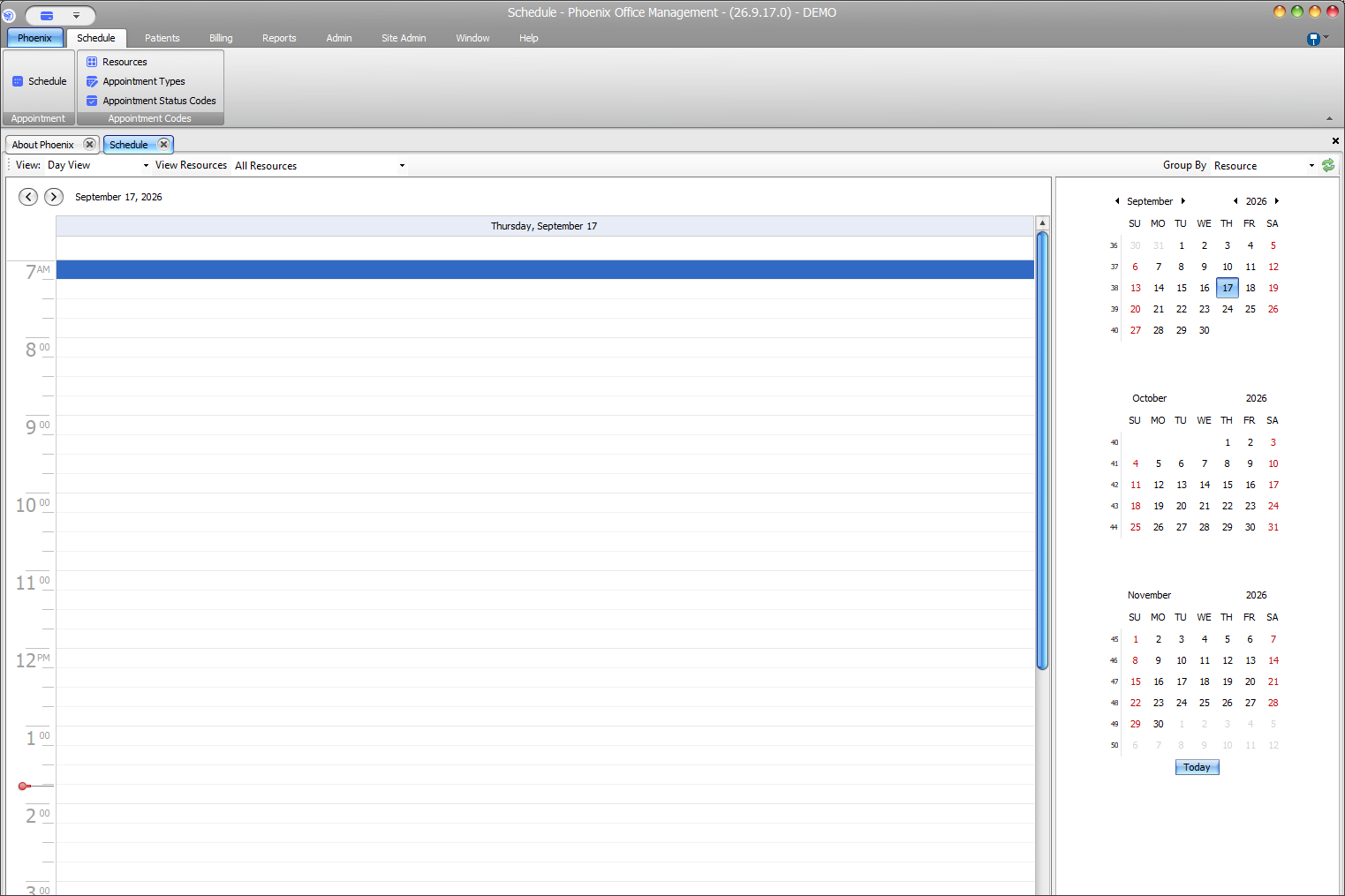 Phoenix Schedule screen showing date, resource, grouping, and calendar controls