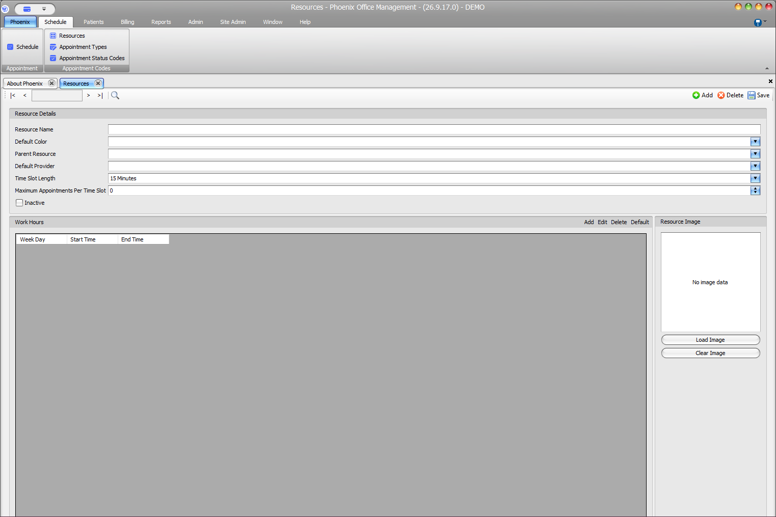 Phoenix Resources screen showing resource details, provider association, availability, and work hours